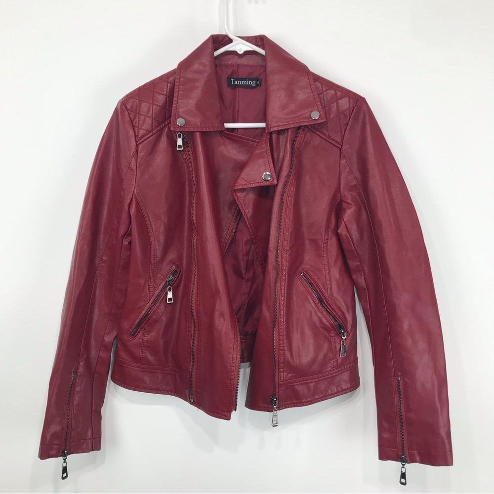 TanMing Deep Red Vegan Leather Moto Jacket